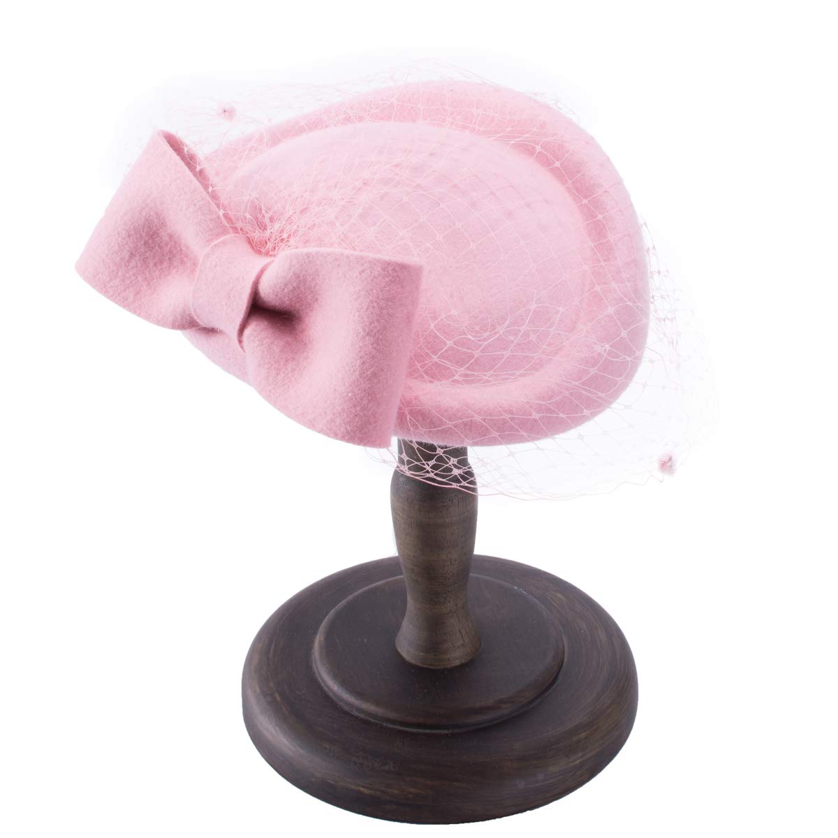 Lady Womens Dress Fascinator Wool Felt Pillbox Hat Party Wedding Bow Veil A082 (Pink)