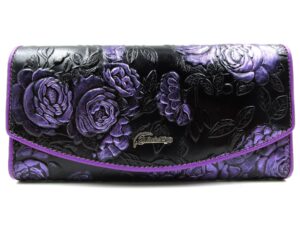 artseye roses embossed genuine leather trifold wallet purse (purple)