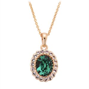 Oval Shaped Swarovski Elements Crystal Pendant Necklace Fashion Jewelry for Women (Rose Gold Emerald Green)