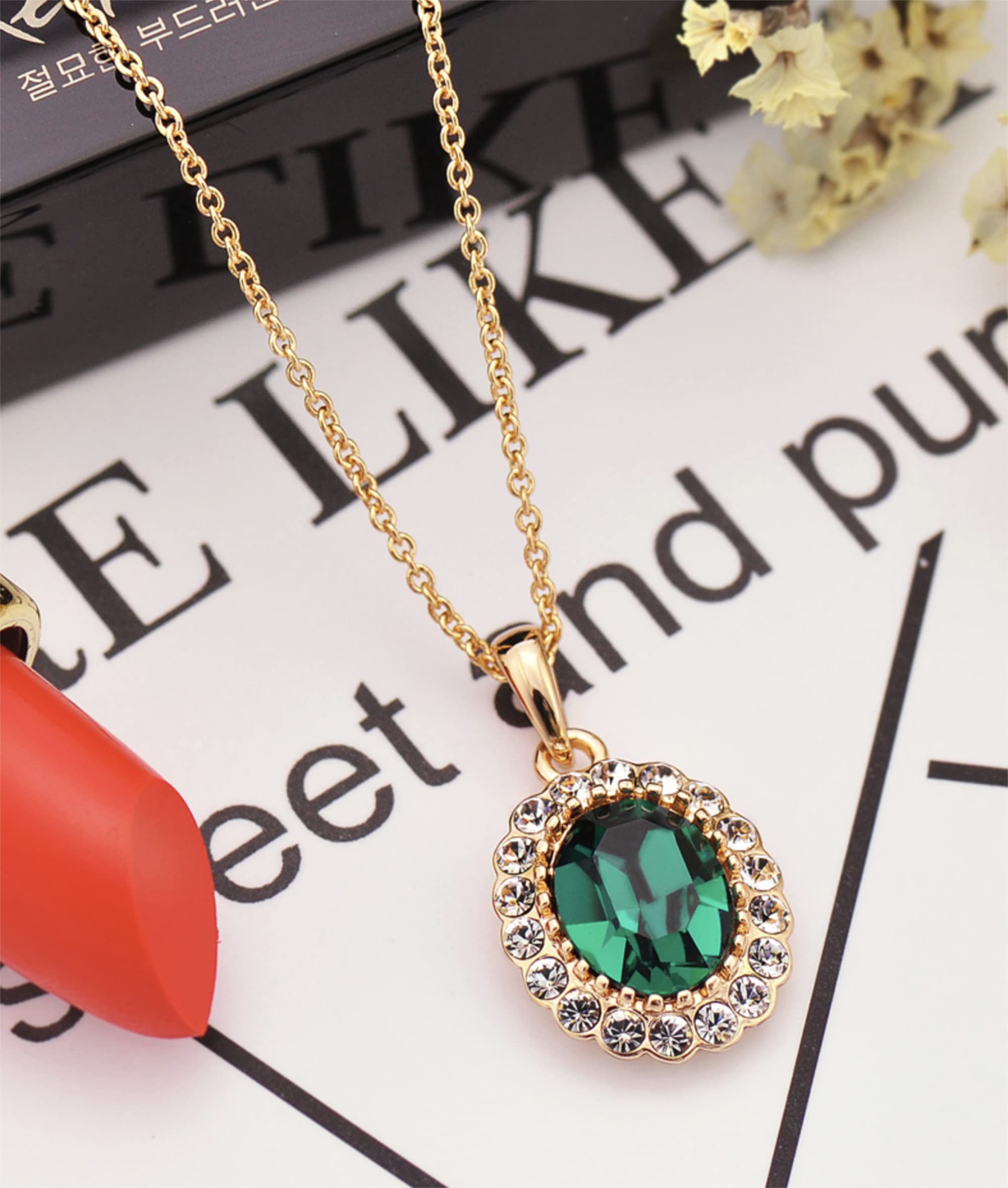 Oval Shaped Swarovski Elements Crystal Pendant Necklace Fashion Jewelry for Women (Rose Gold Emerald Green)