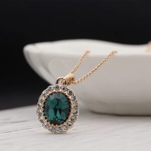 Oval Shaped Swarovski Elements Crystal Pendant Necklace Fashion Jewelry for Women (Rose Gold Emerald Green)