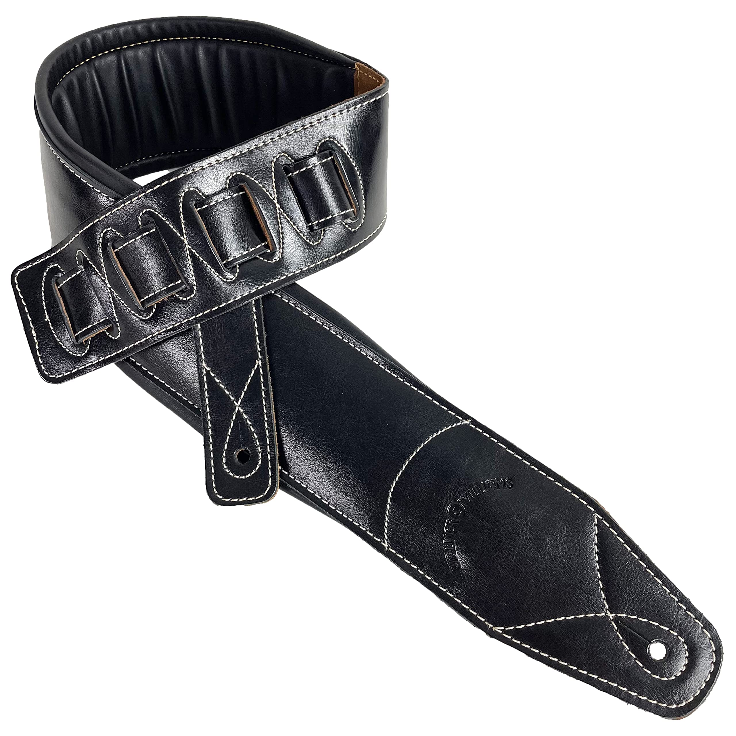 Walker & Williams Super Wide 4" Handmade Double Padded Classic Black Premium Signature Grain Leather Guitar Strap For Acoustic, Electric, And Bass Guitars