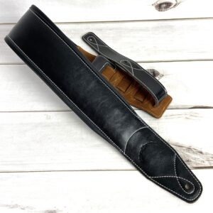 Walker & Williams Super Wide 4" Handmade Double Padded Classic Black Premium Signature Grain Leather Guitar Strap For Acoustic, Electric, And Bass Guitars