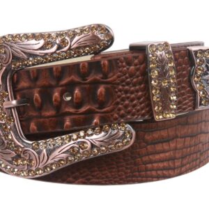 Snap On Western Faux Crocodile Print Rhinestone Leather Belt, Brown | L/XL - 40"