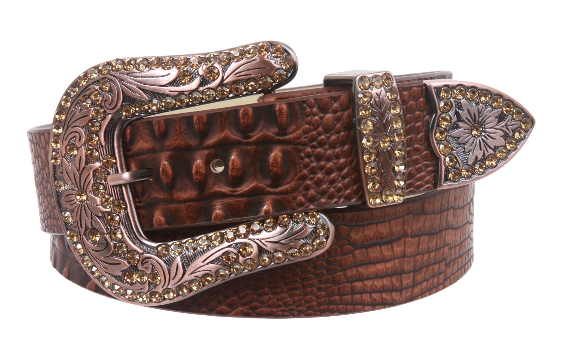 Snap On Western Faux Crocodile Print Rhinestone Leather Belt, Brown | L/XL - 40"