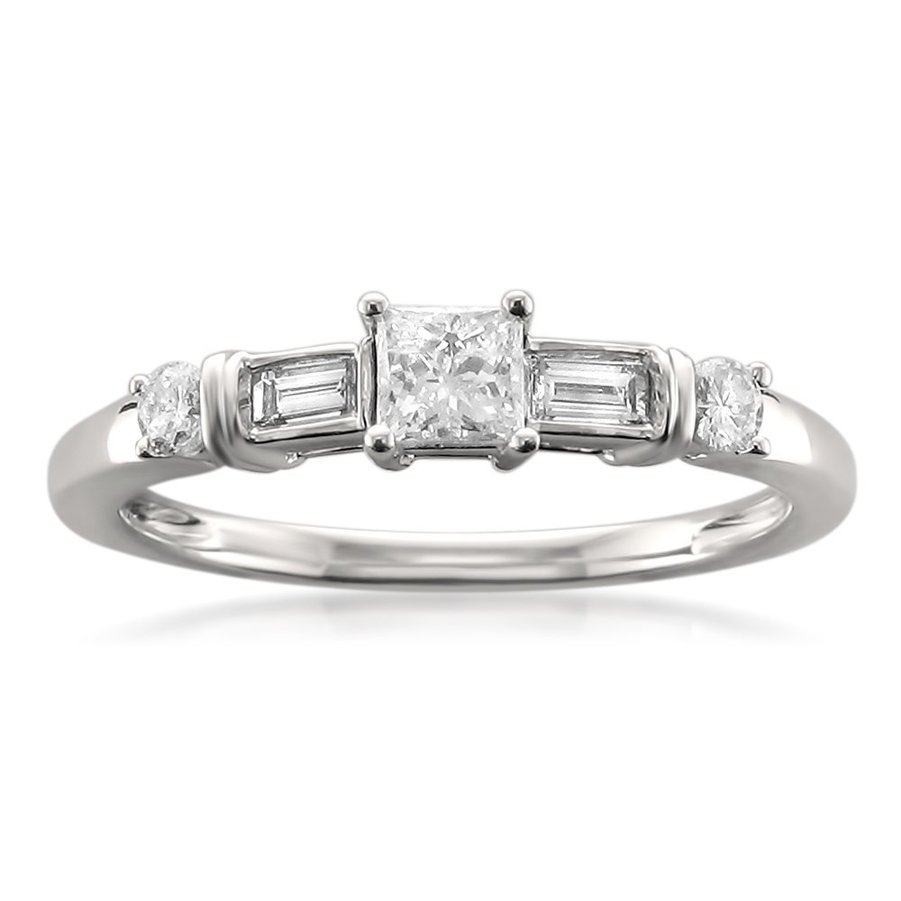 Beyond Brilliance 1/2 Carat Diamond, Prong-Set 14K White Gold Princess Cut, Baguette & Round Diamond Engagement Wedding Ring (I-J, I1-I2)