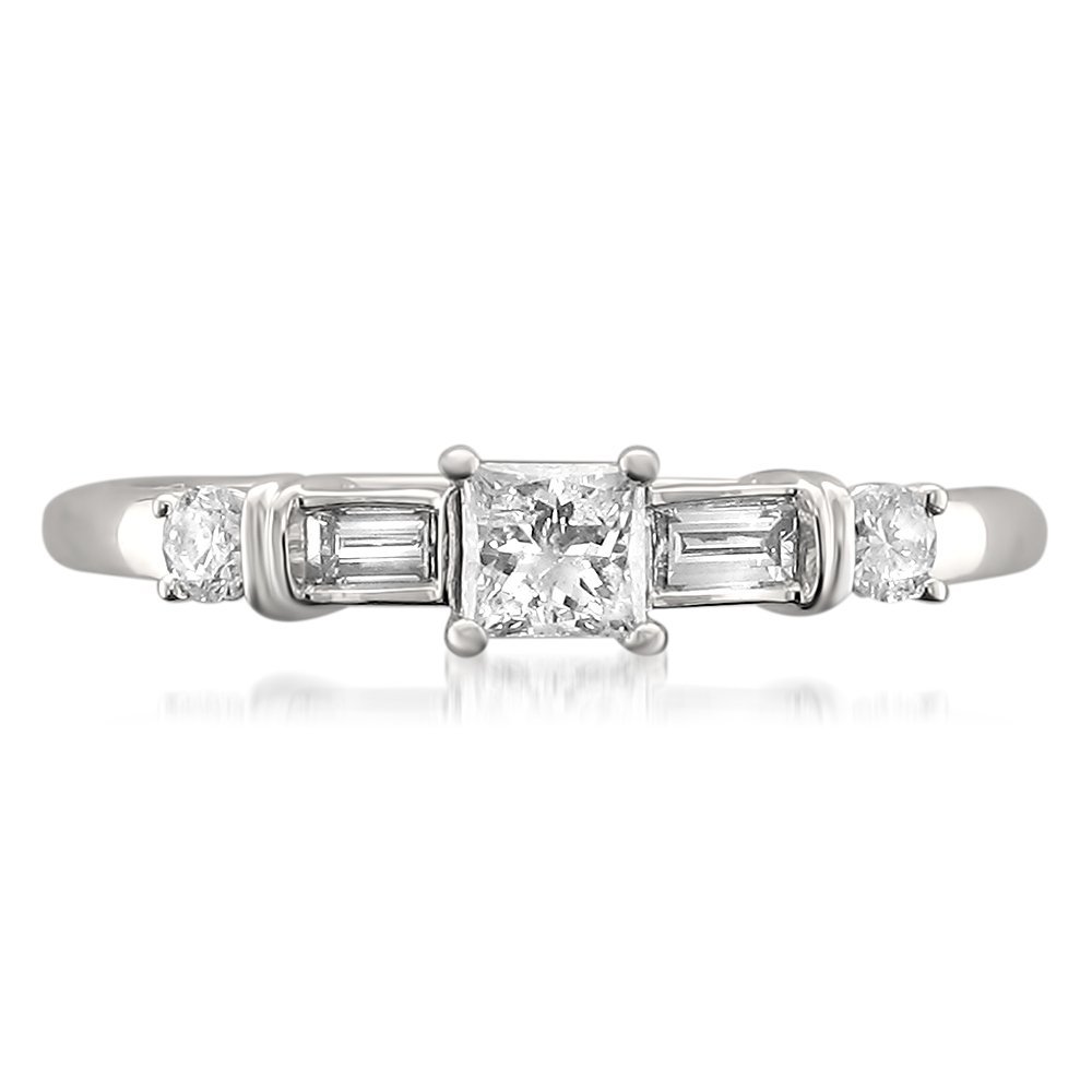 Beyond Brilliance 1/2 Carat Diamond, Prong-Set 14K White Gold Princess Cut, Baguette & Round Diamond Engagement Wedding Ring (I-J, I1-I2)