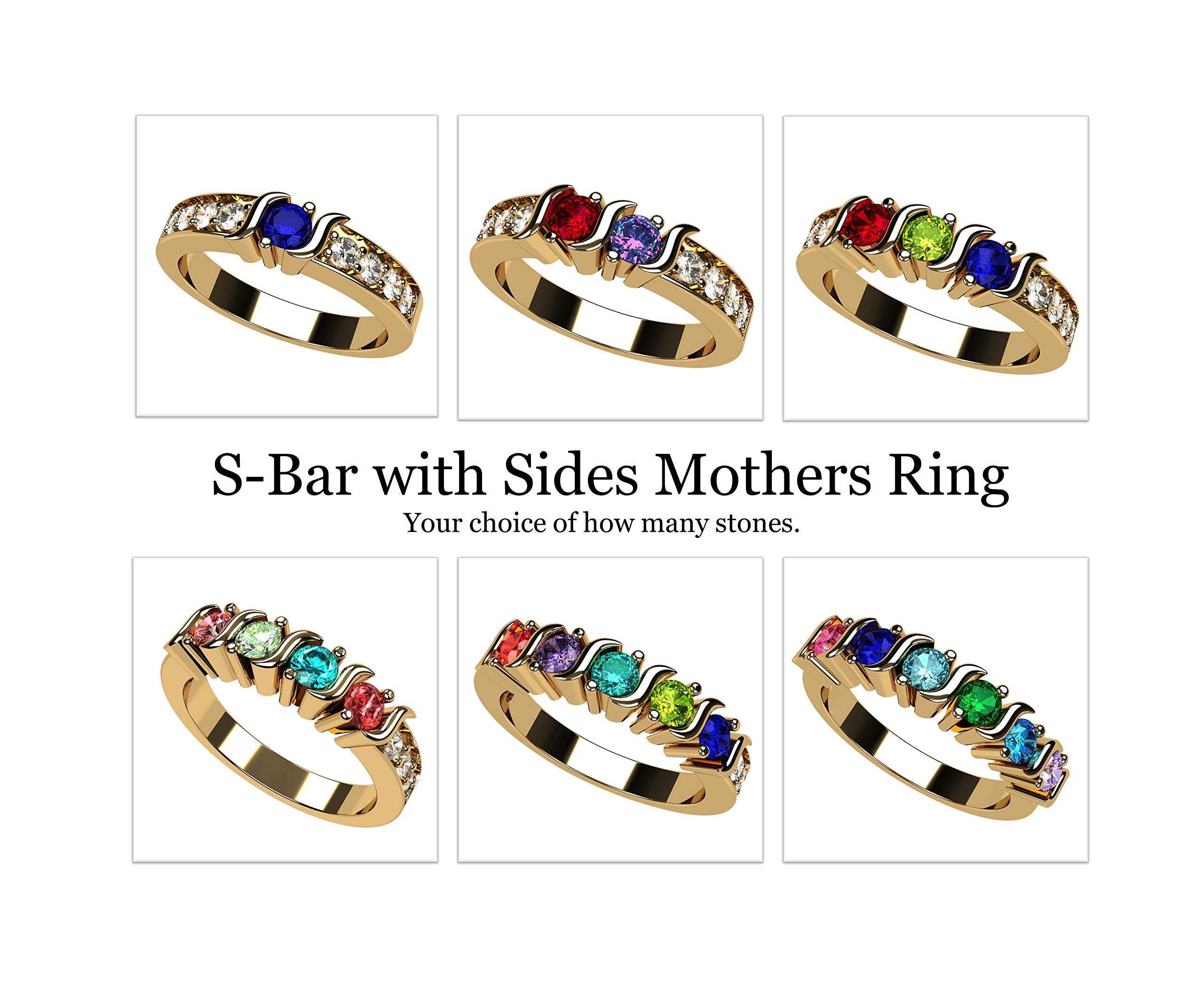 Central Diamond Center S-Bar W/Sides Mother's Ring 1 to 6 Simulated Birthstones - 14k Yellow Gold - Size 7