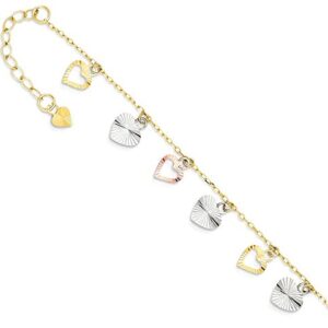 IceCarats 14K Tri Color Gold Heart Love 9 inch Anklet Summer Beach Foot Ankle Bracelet