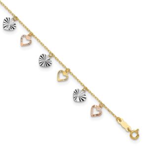 IceCarats 14K Tri Color Gold Heart Love 9 inch Anklet Summer Beach Foot Ankle Bracelet