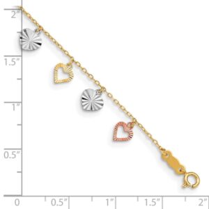 IceCarats 14K Tri Color Gold Heart Love 9 inch Anklet Summer Beach Foot Ankle Bracelet