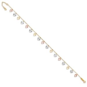 IceCarats 14K Tri Color Gold Heart Love 9 inch Anklet Summer Beach Foot Ankle Bracelet