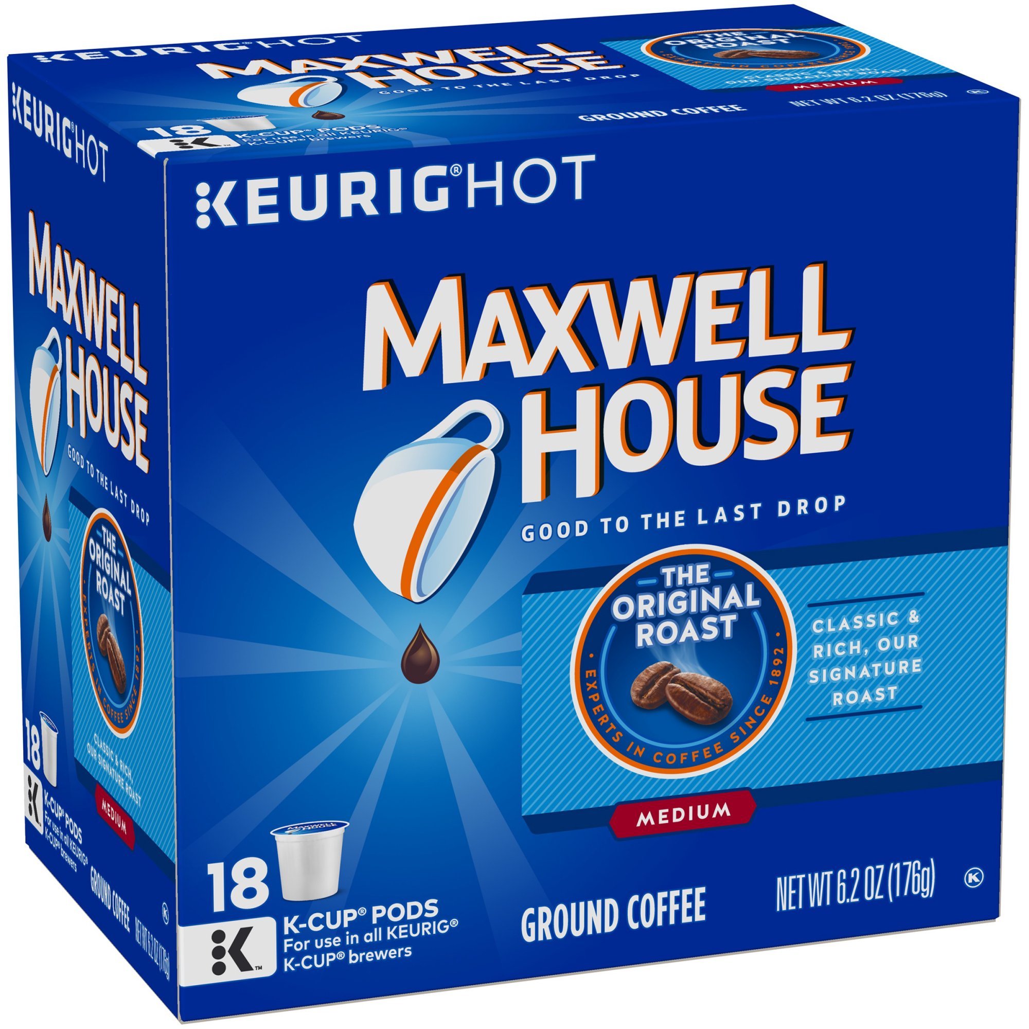 Maxwell House, Original Roast, Medium Roast, K-Cup Single Serve Coffee, 18 Count, 6.2oz Box (Pack of 2)