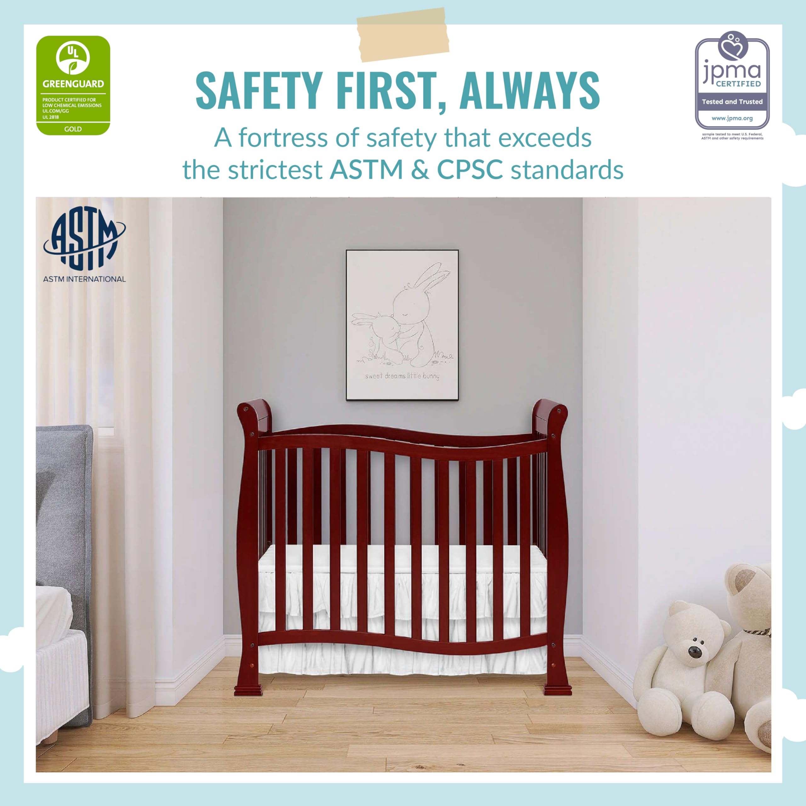 Dream On Me Violet 4-In-1 Convertible Mini Crib In Cherry, Greenguard Gold Certified, JPMA Certified, 3 Position Mattress Height Settings, Non-Toxic Finish