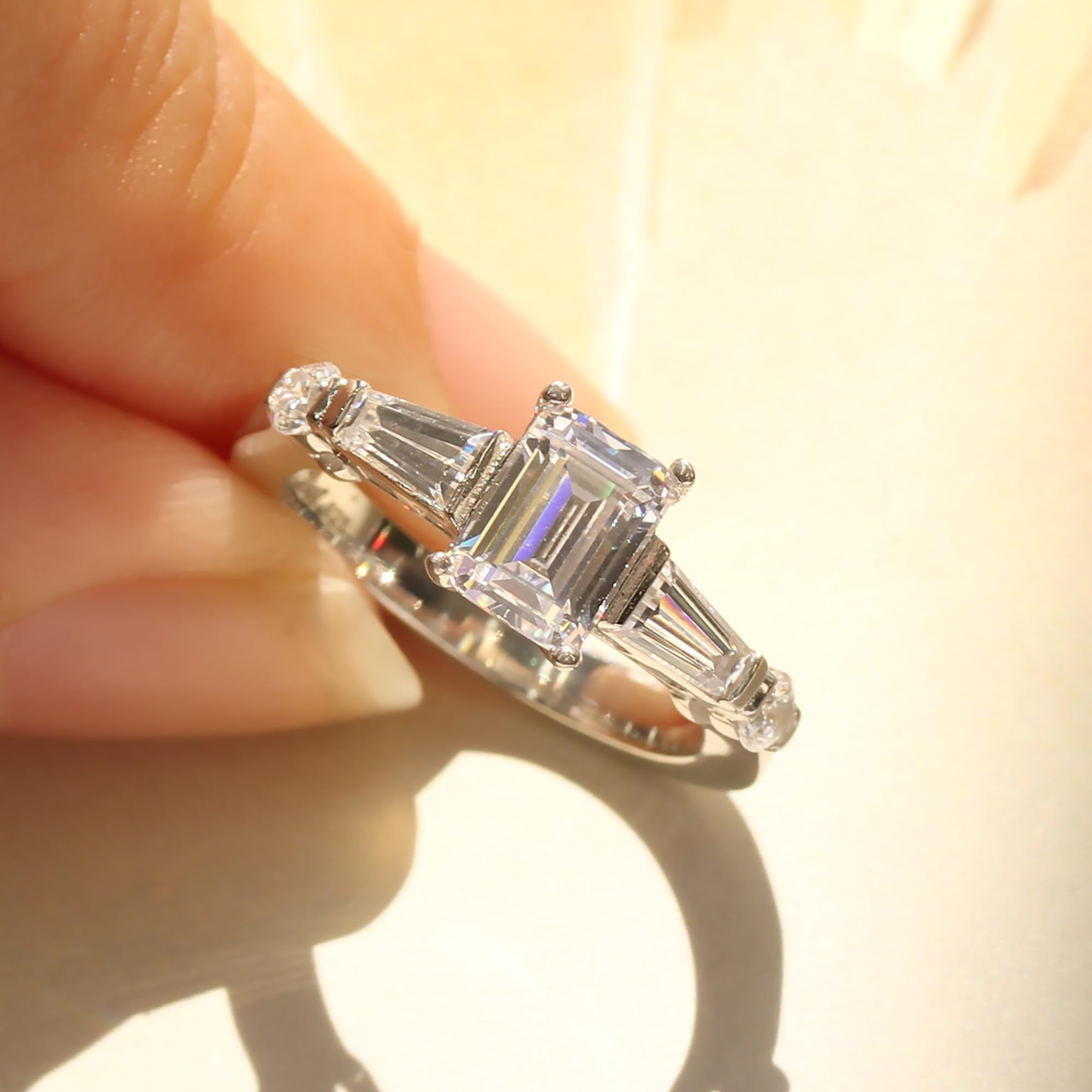 DoubleAccent Platinum Plated Sterling Silver Ring 1 CT Emerald Cut CZ Stone with Baguette Wedding Engagement Ring (Size 5 to 9), 6