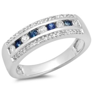 Dazzlingrock Collection 14K Round Blue Sapphire & White Diamond Women Anniversary Band, White Gold, Size 6