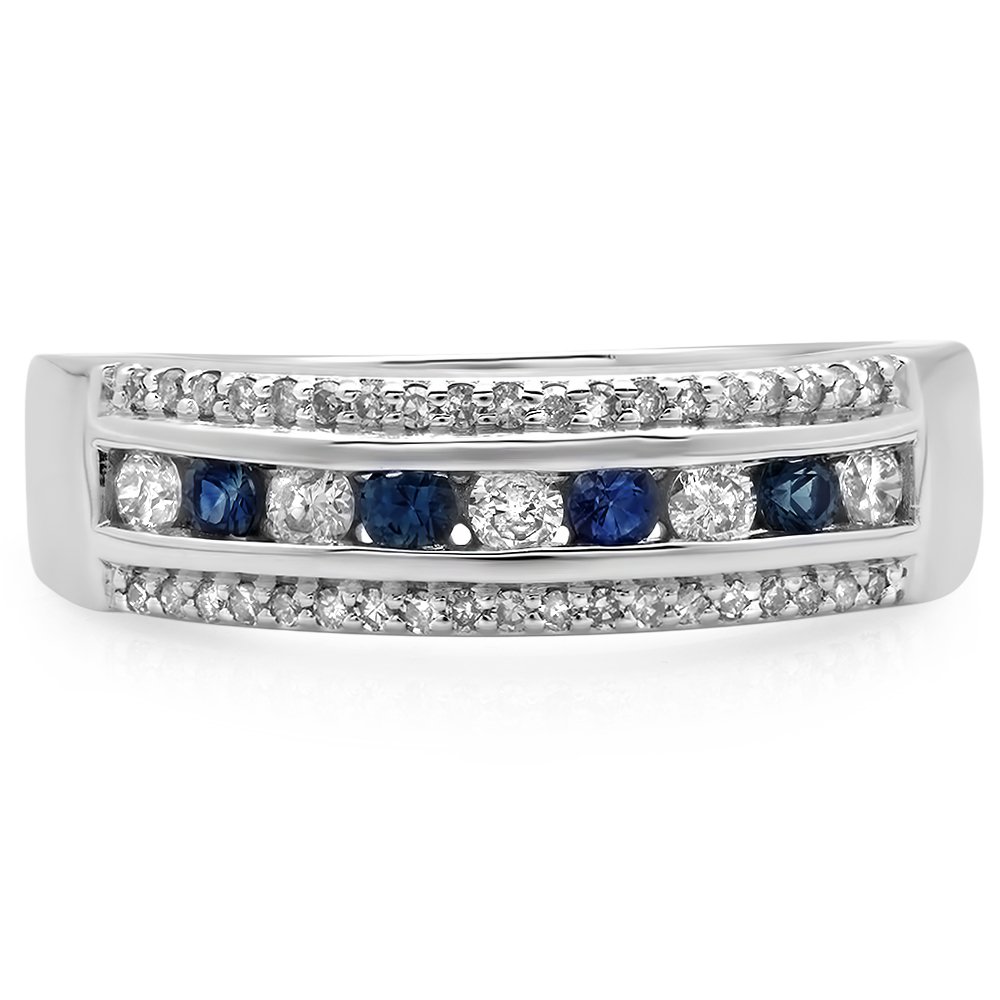 Dazzlingrock Collection 14K Round Blue Sapphire & White Diamond Women Anniversary Band, White Gold, Size 6