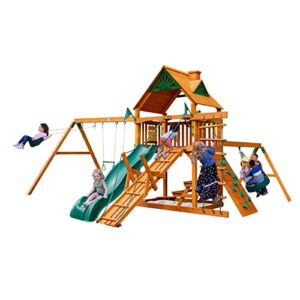 gorilla playsets 01-0004-ap frontier wood swing set with wood roof, tire swing, two belt swings, picnic table, sandbox, rock climbing wall, amber