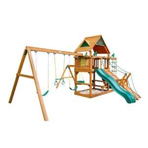 Gorilla Playsets 01-0004-AP Frontier Wood Swing Set with Wood Roof, Tire Swing, Two Belt Swings, Picnic Table, Sandbox, Rock Climbing Wall, Amber