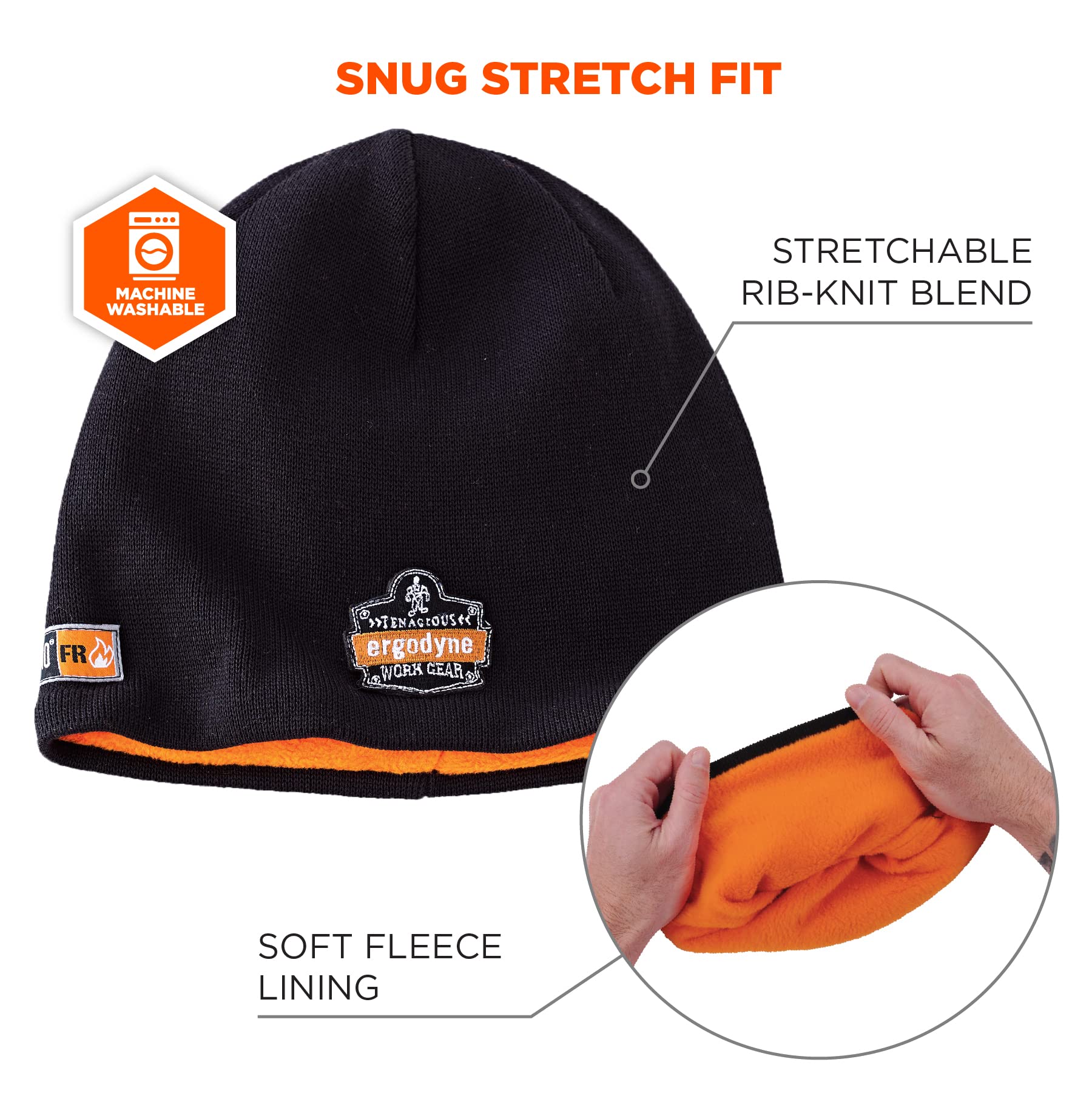 Ergodyne N-Ferno 6820 Fire Resistant Thermal Knit Beanie Cap,Black/Orange