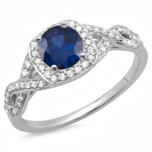 dazzlingrock collection 14k round blue sapphire & white diamond swirl split shank halo engagement ring, white gold, size 5