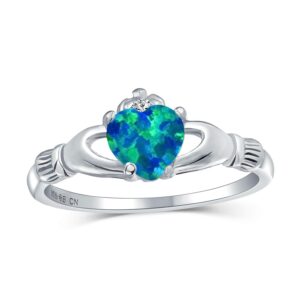 Personalize Sorority Sister BFF Celtic Irish Friendship Promise Crown Heart Blue Created Opal Claddagh Ring For Women Teen .925 Sterling Silver October Birthstone Customizable