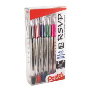 pentel rsvp ballpoint pen, (1.0mm), medium line, mixed colors, 12 pack (bk91pc12m)