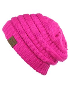 c.c trendy warm chunky soft stretch cable knit beanie skully, neon pink