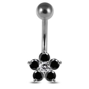 Black CZ Crystal Gemstone Stylish Studded Flower 925 Sterling Silver Belly Ring Body Jewelry