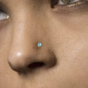 PiercingPoint 9K Solid Yellow Gold Claw Set 1.5MM Aquamarine Genuine Crystals Stone 22 Gauge L-Shape Nose Stud Jewelry