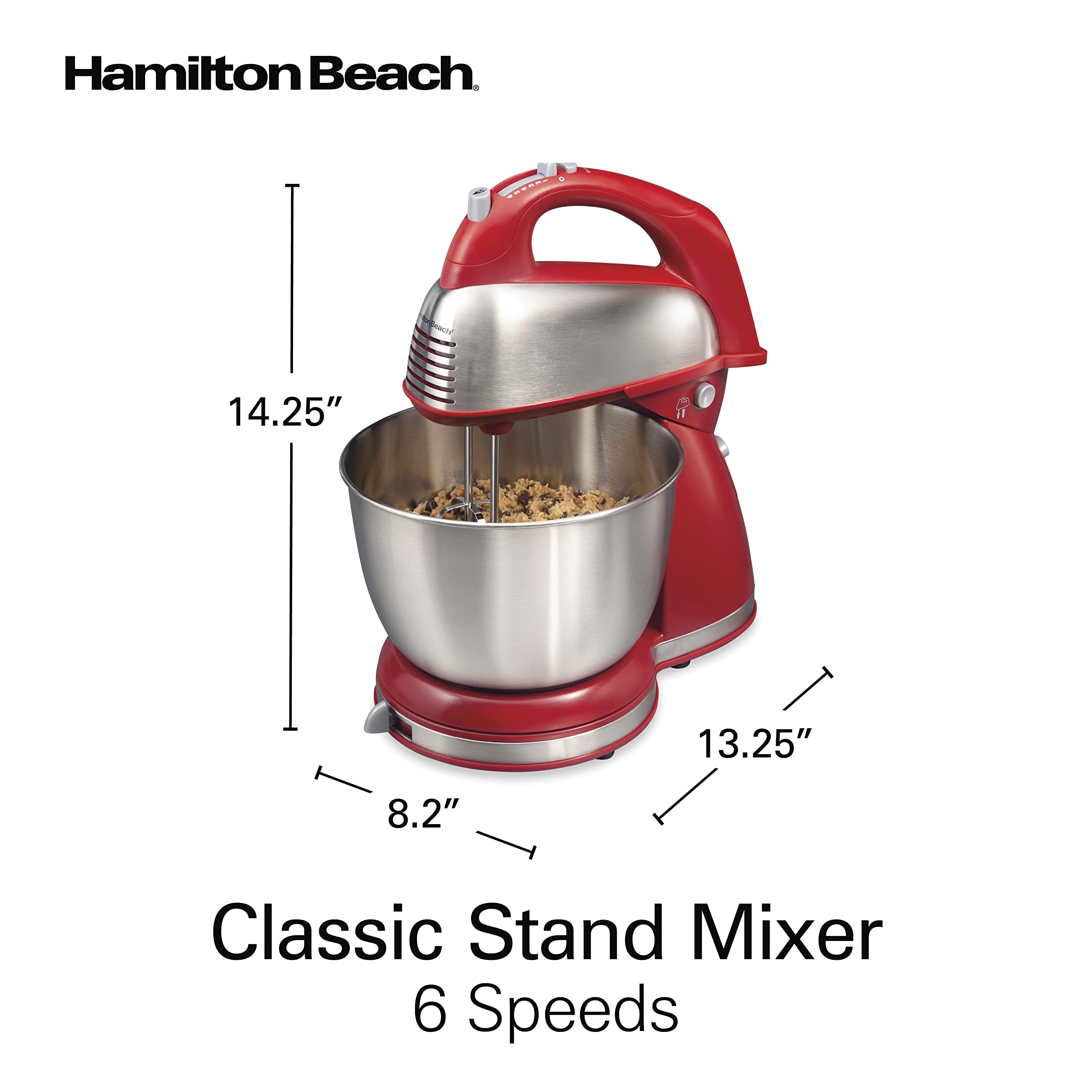 Hamilton Beach Classic Stand and Hand Mixer, 4 Quarts, 6 Speeds with QuickBurst, Bowl Rest, 290 Watts Peak Power, Red (64654)