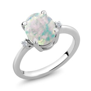 Gem Stone King 925 Sterling Silver White Simulated Opal and White Topaz Ring For Women (1.74 Cttw, Oval Cabochon 10X8MM, Available In Size 5, 6, 7, 8, 9)