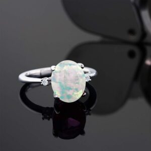 Gem Stone King 925 Sterling Silver White Simulated Opal and White Topaz Ring For Women (1.74 Cttw, Oval Cabochon 10X8MM, Available In Size 5, 6, 7, 8, 9)