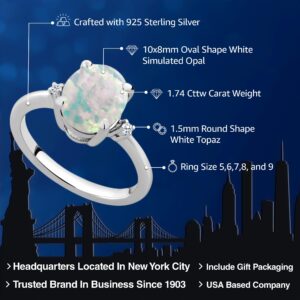 Gem Stone King 925 Sterling Silver White Simulated Opal and White Topaz Ring For Women (1.74 Cttw, Oval Cabochon 10X8MM, Available In Size 5, 6, 7, 8, 9)