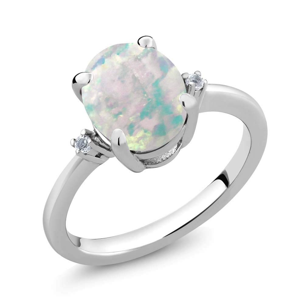 Gem Stone King 925 Sterling Silver Cabochon White Simulated Opal and White Diamond 3-Stone Engagement Ring For Women (2.16 Cttw, Available In Size 5, 6, 7, 8, 9)