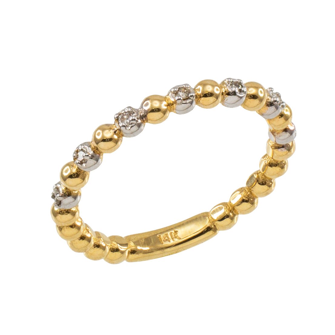 Modern Contemporary Rings Fine 10k Two-Tone White and Yellow Gold Beaded Stackable Ring with Natural Diamonds (Size 4.5)