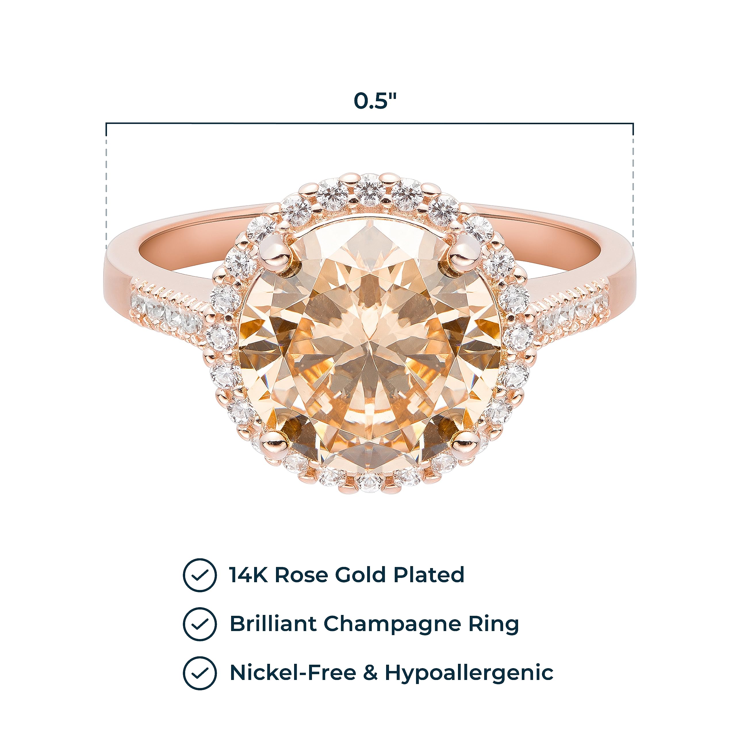 MORGAN & PAIGE 14K Rose Gold Plated .925 Sterling Silver Champagne & Clear Cubic Zirconia Halo Engagement Ring, Size 7