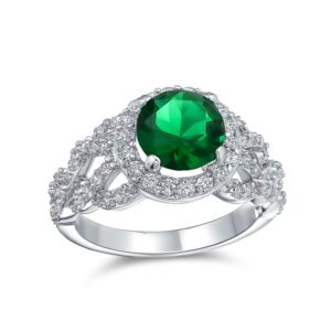 Bling Jewelry Personalize Fashion Round Solitaire Cubic Zirconia CZ Pave Simulated Emerald Green Art Deco Style 3CT Cocktail Statement Ring For Women Silver Plated Engrave it