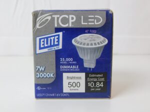 tcp led712vmr16v30kfl mr16 led lamp 7 watt 2-pin gu5.3 base 500 lumens 82 cri 3000k halogen white elite