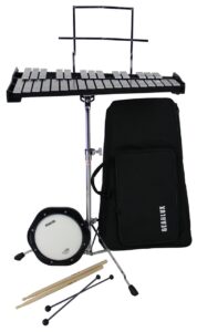 gearlux 32-note glockenspiel bell kit with adjustable stand, drum practice pad, carrying bag