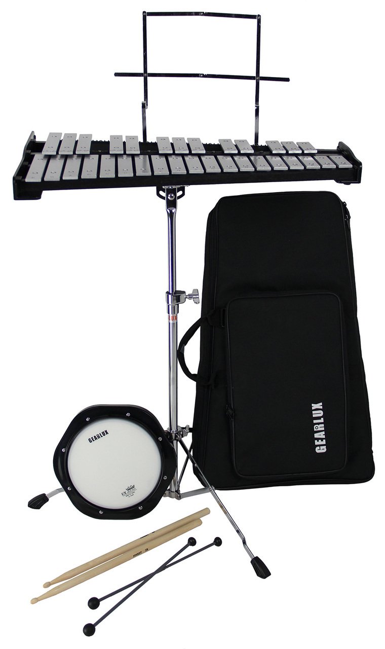 Gearlux 32-Note Glockenspiel Bell Kit with Adjustable Stand, Drum Practice Pad, Carrying Bag