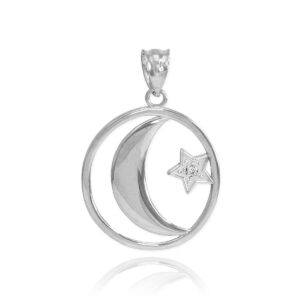 Fine 925 Sterling Silver CZ-Accented Islamic Charm Crescent Moon and Star Charm Pendant