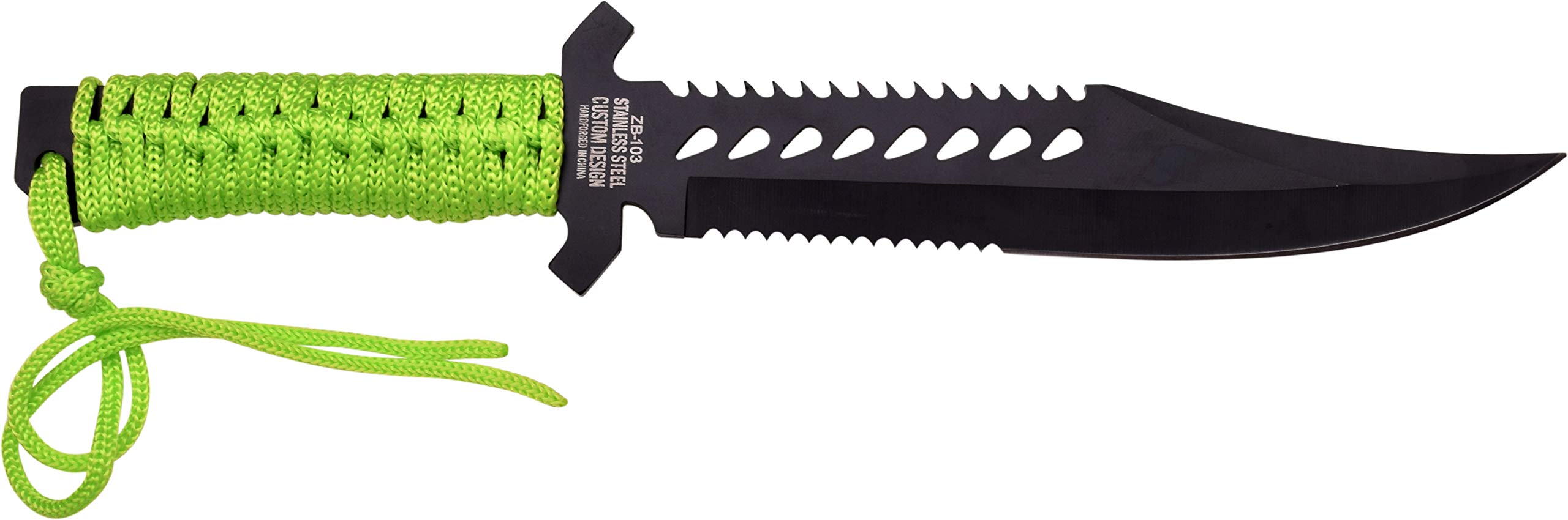 Z-Hunter – Fixed Blade Survival Knife – Partially Serrated Black Steel Blade with Sawback, Full Tang, Green Cord Wrapped Handle w/Lanyard, Nylon Sheath, Outdoor, Hunt, Camp, Hike, Survival, ZB-103