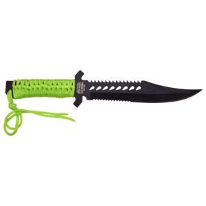 Z-Hunter – Fixed Blade Survival Knife – Partially Serrated Black Steel Blade with Sawback, Full Tang, Green Cord Wrapped Handle w/Lanyard, Nylon Sheath, Outdoor, Hunt, Camp, Hike, Survival, ZB-103