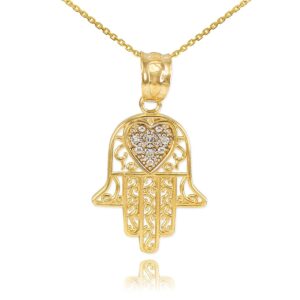 Middle Eastern Jewelry Fine 14k Yellow Gold Diamond-Accented Heart Filigree-Style Hamsa Pendant Necklace, 18"