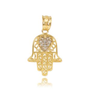 fine 10k yellow gold diamond-accented heart filigree-style hamsa charm pendant