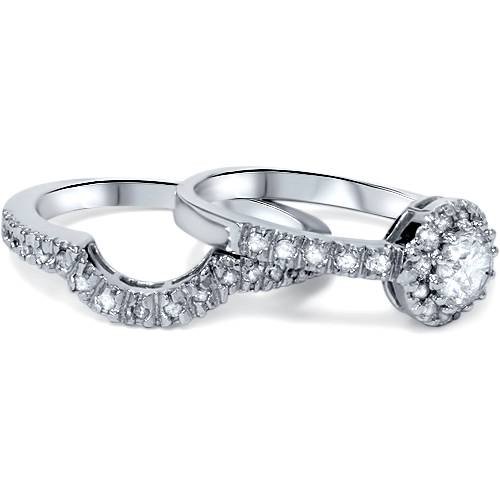 1ct Halo Diamond Engagement Wedding Ring Set 10K White Gold - Size 5.5