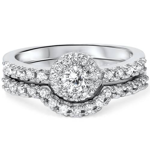 1ct Halo Diamond Engagement Wedding Ring Set 10K White Gold - Size 4