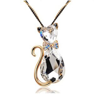 Rigant Gold Plated Heart Cut & Teardrop Swarovski Elements Crystal Bow Tie Cat Animal Pendant Long Chain Necklace