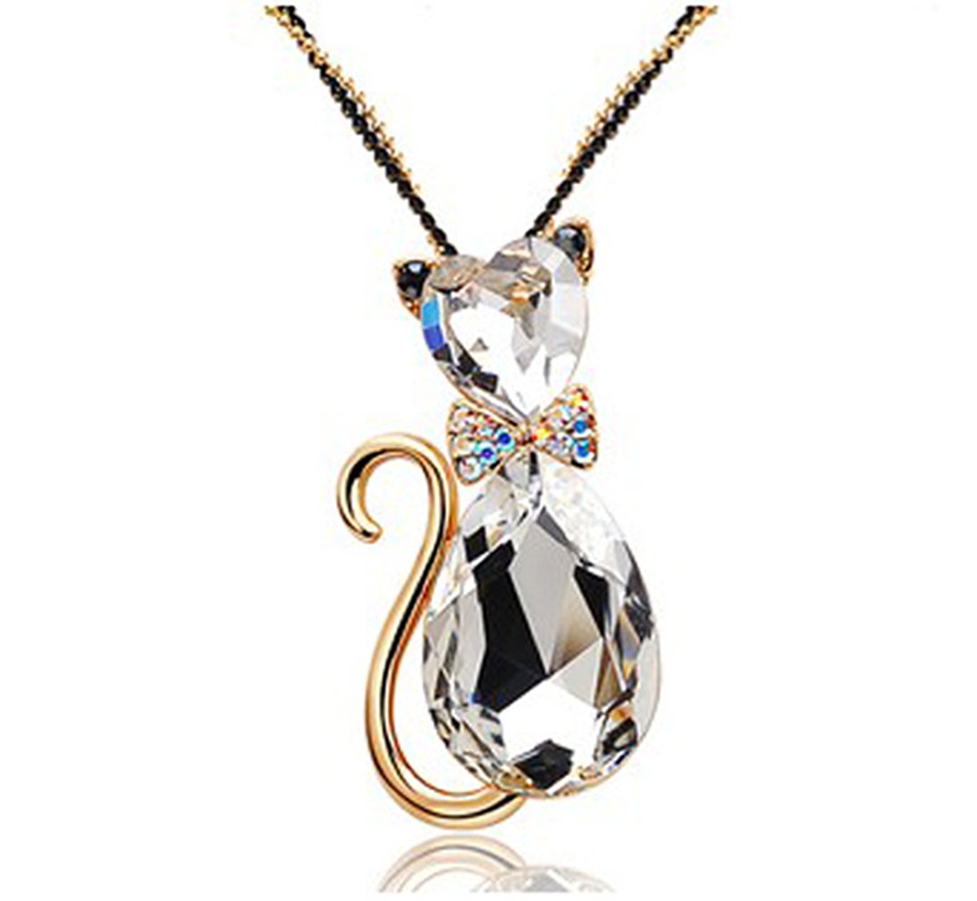 Rigant Gold Plated Heart Cut & Teardrop Swarovski Elements Crystal Bow Tie Cat Animal Pendant Long Chain Necklace